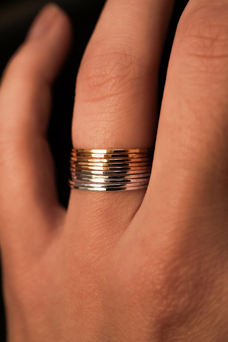 Mixed Metal 14k Gold fill and Silver Set of 10 Hammered Rings, Ultra Thin Stacking, Stackable, maximalist stack, giant stack, dainty, 0.7mm image 1