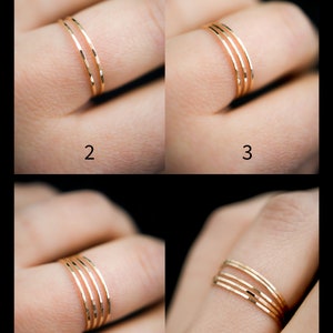 Ultra Thin Rings, Made in Gold Fill, shown in sets of 2, 3, 4 & 5 for comparison. Featuring the hammered finish.