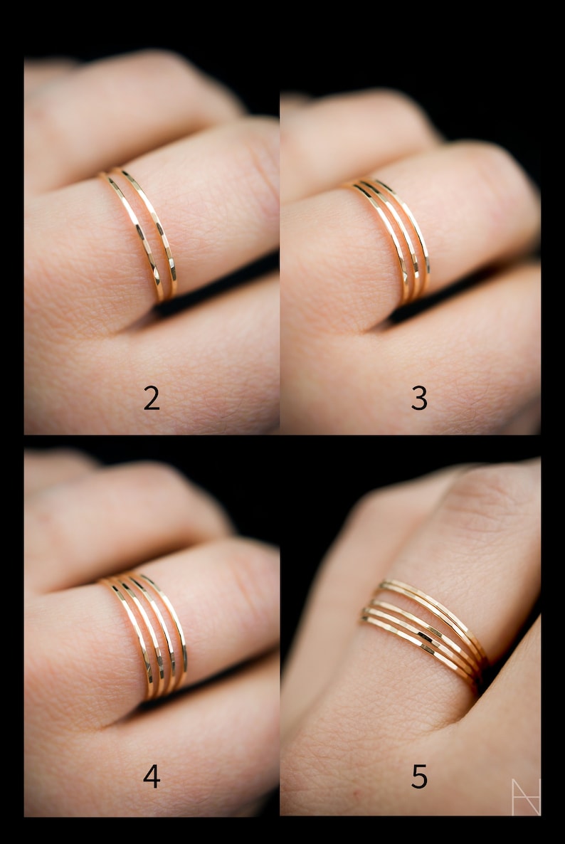 Ultra Thin Rings, Made in Gold Fill, shown in sets of 2, 3, 4 & 5 for comparison. Featuring the hammered finish.