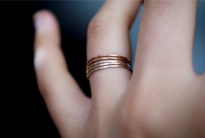 Mixed Metal Rose Gold and Silver Set of 5 Hammered Rings, Ultra Thin Stacking, Stackable, stack, minimalist ring, super thin, dainty, 0.7mm image 5