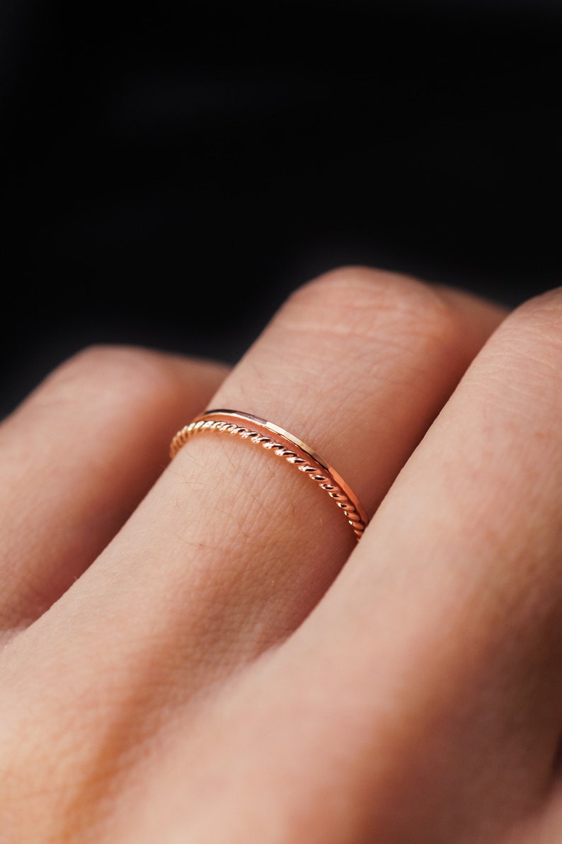 Thin Twist Stacking Set of 2 Rings in 14K Rose Gold fill, rose gold stack, stackable ring, rose gold ring set, delicate ring, set of 2 image 3