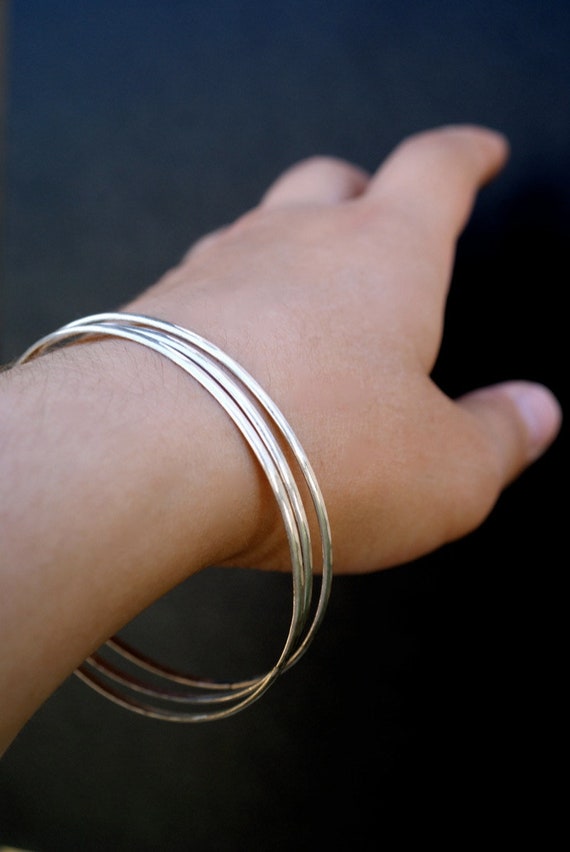 Set of Two Sterling Silver Bangles Bracelets Hammered Skinny Bangles Stacking Bracelets