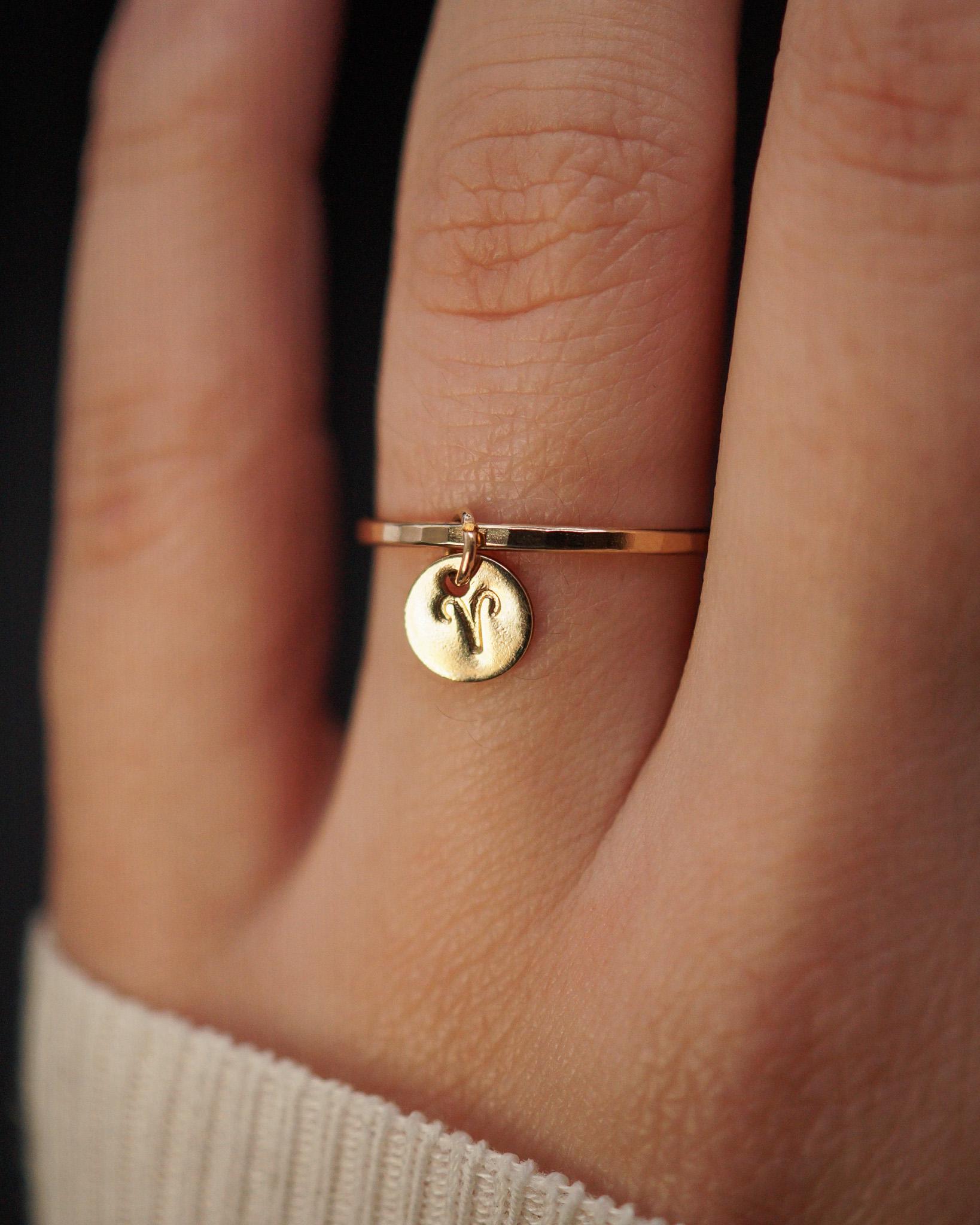 Zodiac Charm Ring, Tiny Disc Circle Charm, 14K Gold Fill