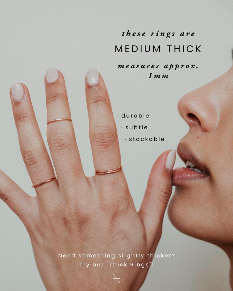 Mittlere Dicke Stapelring | 14K Rosegold gefüllt | Gehämmert oder Glatt | 1mm dicker Ring gold fill, stapelbar, zart minimal Band, midi Bild 5