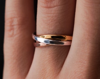 Mixed Metal Thick Interlocking Set of 3 Rings, Rose Gold, Gold fill, Silver hammered, smooth, rolling ring, wrap, infinity, wedding ring