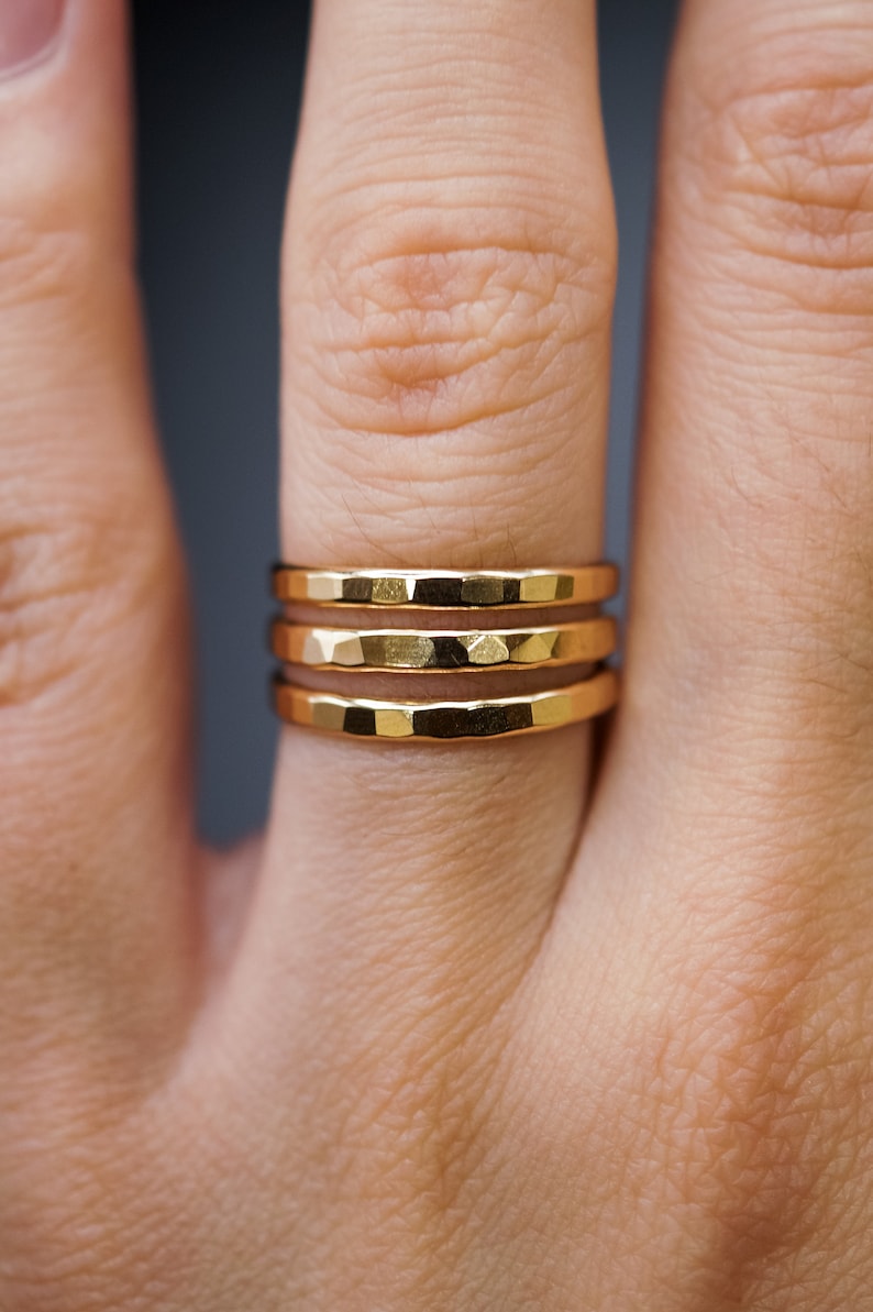 Extra Thick Gold Stack rings, Set of 3 Gold Stack rings, stackable rings, extra thick gold ring, hammered gold ring, thick gold band image 1