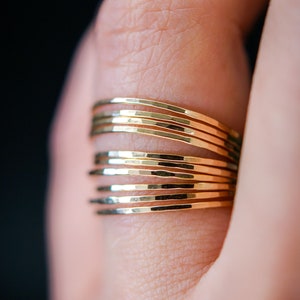 Set of 10 Hammered Ultra Thin Gold Filled Stacking Rings, stackable rings, dainty rings, maximalist, big stack, huge pack of rings gift idea image 5