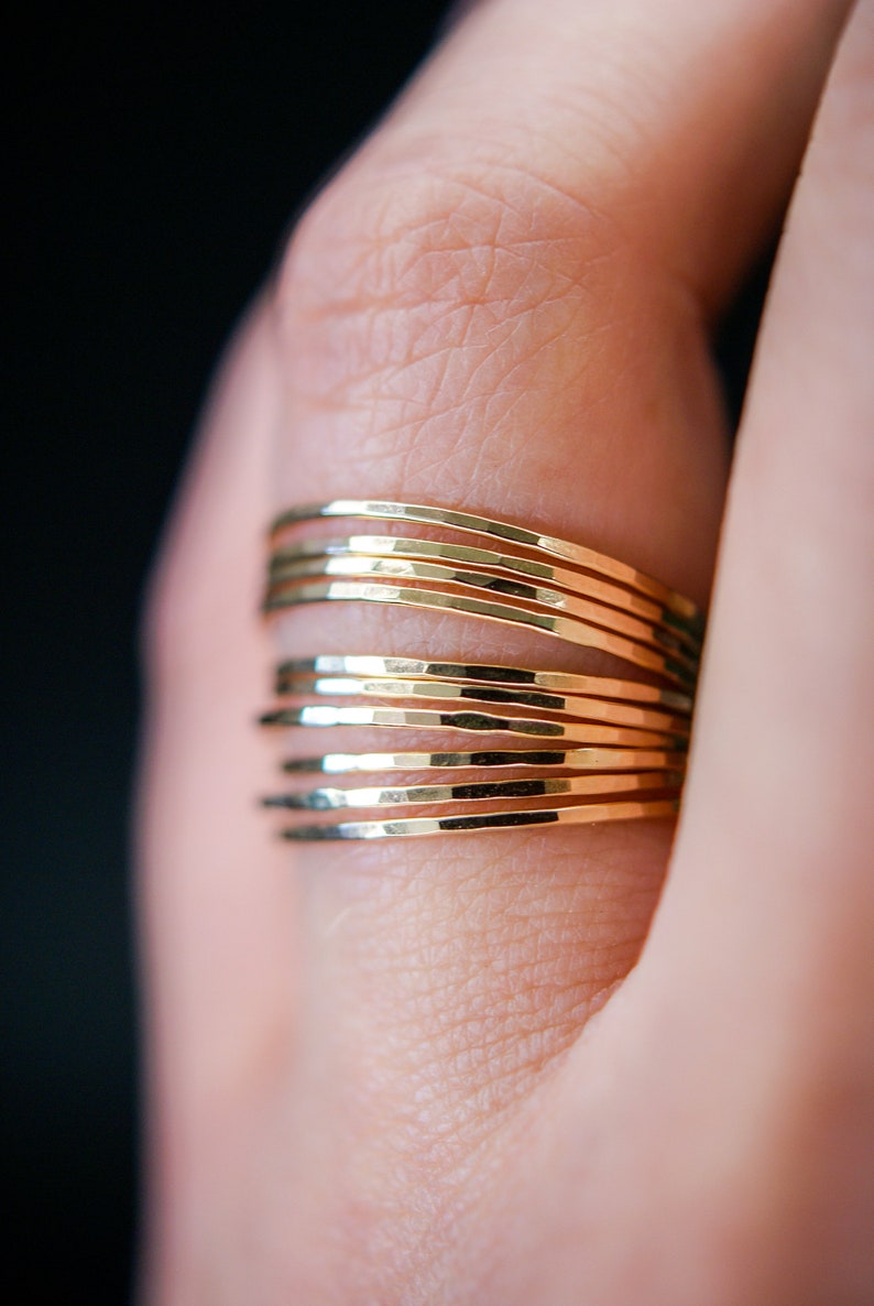 Set of 10 Hammered Ultra Thin Gold Filled Stacking Rings, stackable rings, dainty rings, maximalist, big stack, huge pack of rings gift idea image 5