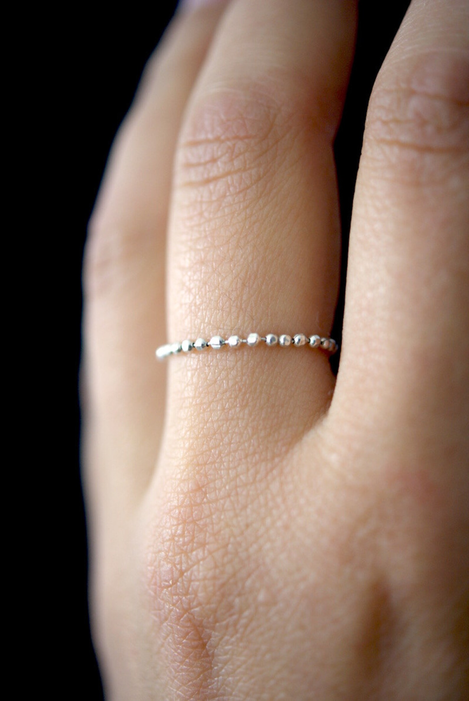 Thick Sterling Silver Beaded Chain Ring Silver Bead Ring Etsy