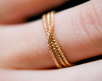 Twist Overlap Ring in Solid 14K Gold, rope textured, bold, unisex, wraparound, stackable and minimal, yellow gold, texture, gift, durable