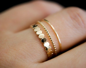 Bead and Twist Mixed Texture Ring Set in 14K Gold Fill, Rose Gold Fill, or Sterling Silver, delicate, twist ring, hammered ring, ultra thin
