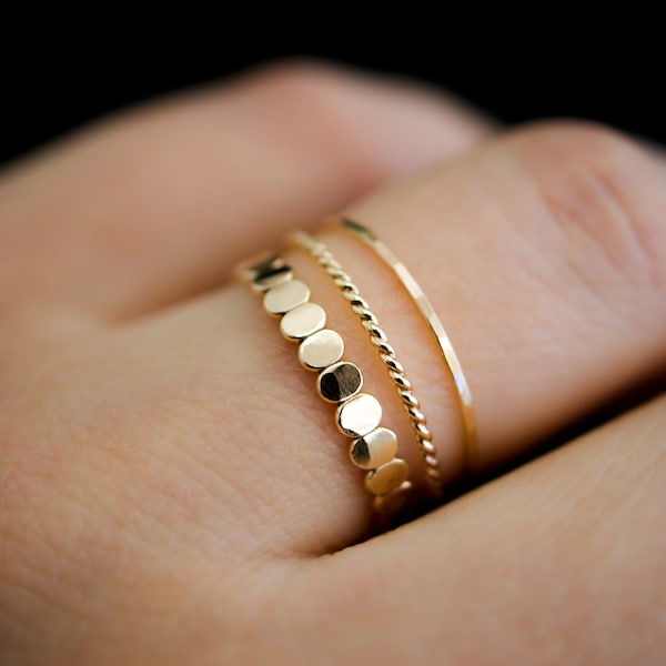 Bead and Twist Mixed Texture Ring Set in 14K Gold Fill, Rose Gold Fill, or Sterling Silver, delicate, twist ring, hammered ring, ultra thin