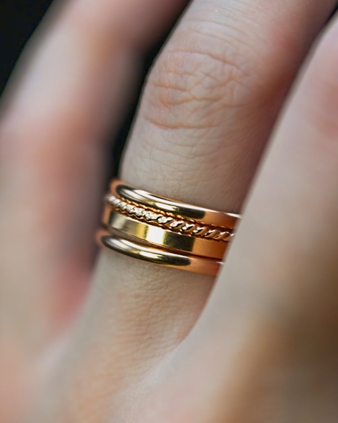 Mirrored Extra Thick Set of 4 Stacking Rings, 14K Gold Fill, Rose Gold ...