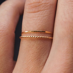 SOLID 14K Gold Twist stacking rings, gold stack ring, skinny gold stackable ring, 14k gold twist ring set, delicate gold ring, set of 2 image 1