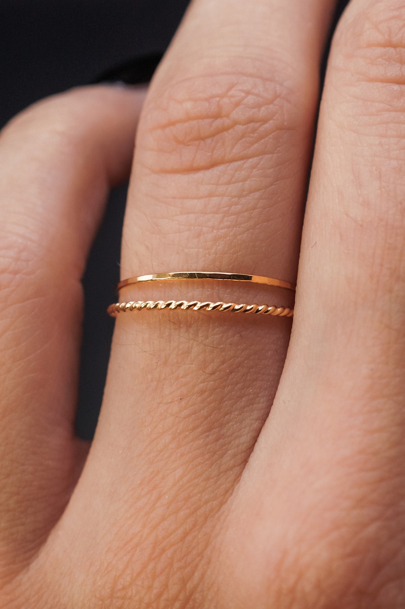 SOLID 14K Gold Twist stacking rings, gold stack ring, skinny gold stackable ring, 14k gold twist ring set, delicate gold ring, set of 2 image 1