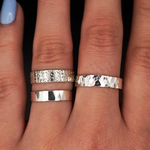Essential Band | Sterling Silver | Faceted, Pebbled or Speckled | thick hammered cigar band | Unisex mens wedding ring custom sizing, 5mm