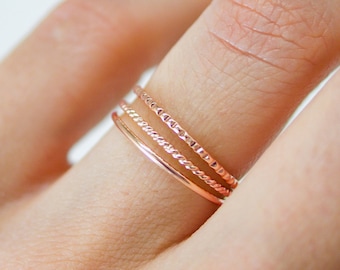 Mixed Texture Rose Gold Stacking Ring Set, 14k rose gold stack ring, ring set, rose gold fill set, lined ring, twist ring, set of 3