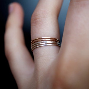 Mixed Metal Rose Gold and Silver Set of 5 Hammered Rings, Ultra Thin Stacking, Stackable, stack, minimalist ring, super thin, dainty, 0.7mm image 3