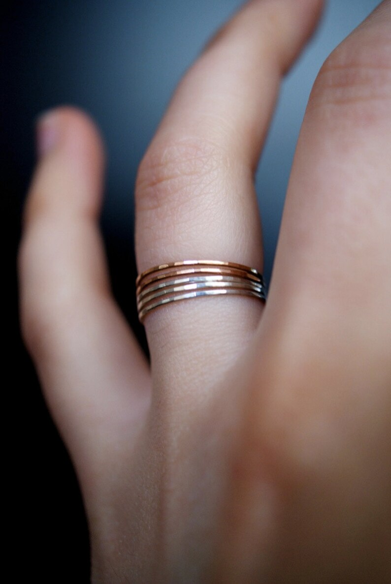 Mixed Metal Rose Gold and Silver Set of 5 Hammered Rings, Ultra Thin Stacking, Stackable, stack, minimalist ring, super thin, dainty, 0.7mm image 3