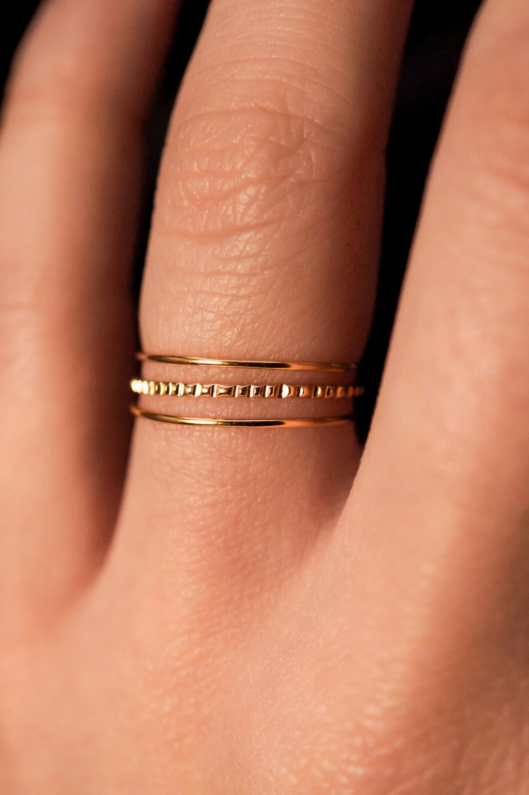 Ultra Thin Lined Set of 3 Stacking Rings, Bark Texture Stack Set ...