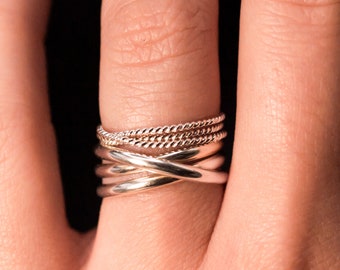 Twist Overlap Ring in Sterling Silver, Rope Textured, Bold