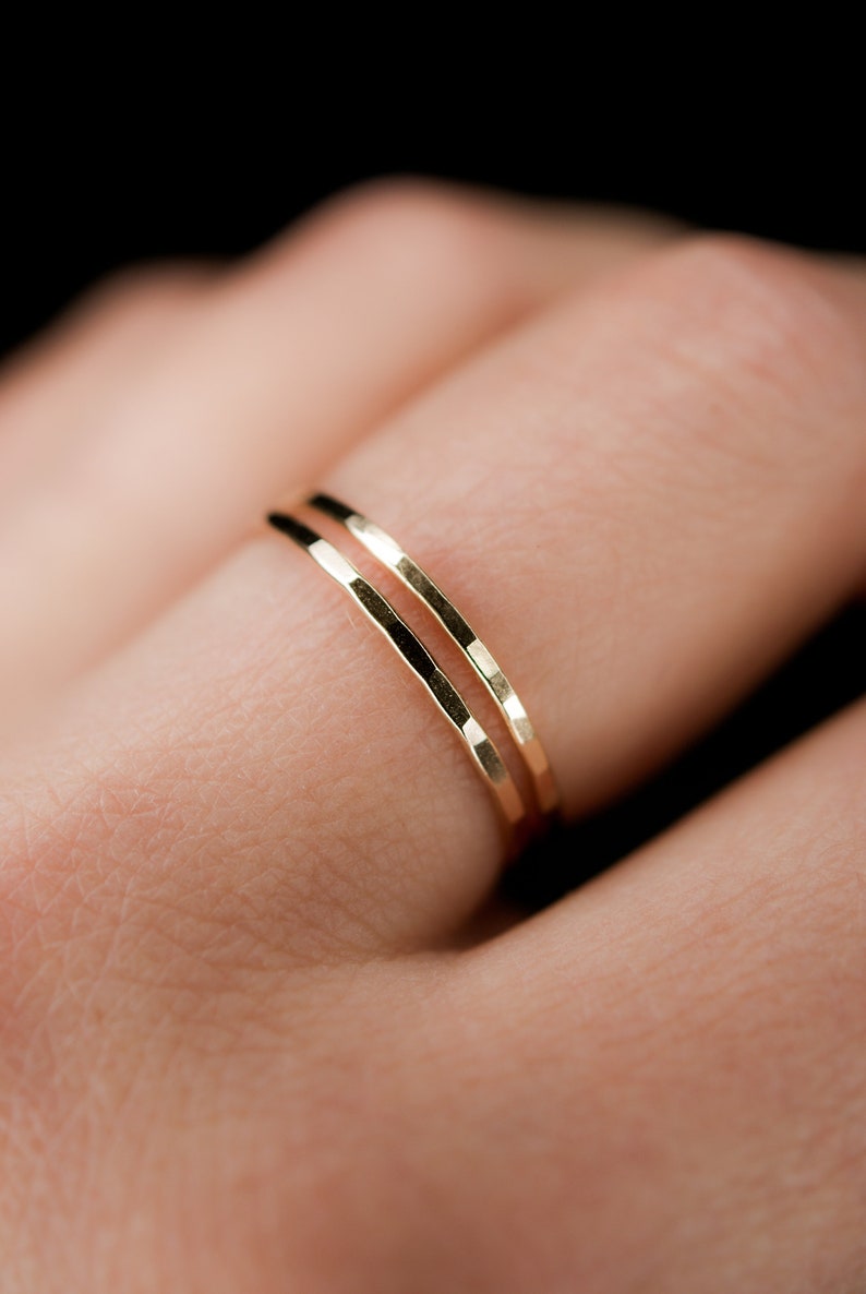 Set of 2 Medium Thickness Gold stacking rings, thin gold filled stacking rings, 14k gold fill ring, hammered gold stack rings, 14k gold ring image 3