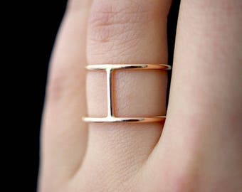 SOLID 14K Rose Gold Thick Cage ring, double bar ring, large rose gold ring, cage ring, rose gold cage ring, H ring, bar ring, wide band