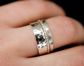 Essential Set of 3 stacking rings Sterling Silver, Essential Band, Thick Twist, Extra Thick, silver hammered rings, textured ring set