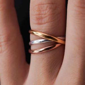 Pode incluir: Um anel entrela&ccedil;ado de ouro, prata e ouro rosa usado em um dedo.
