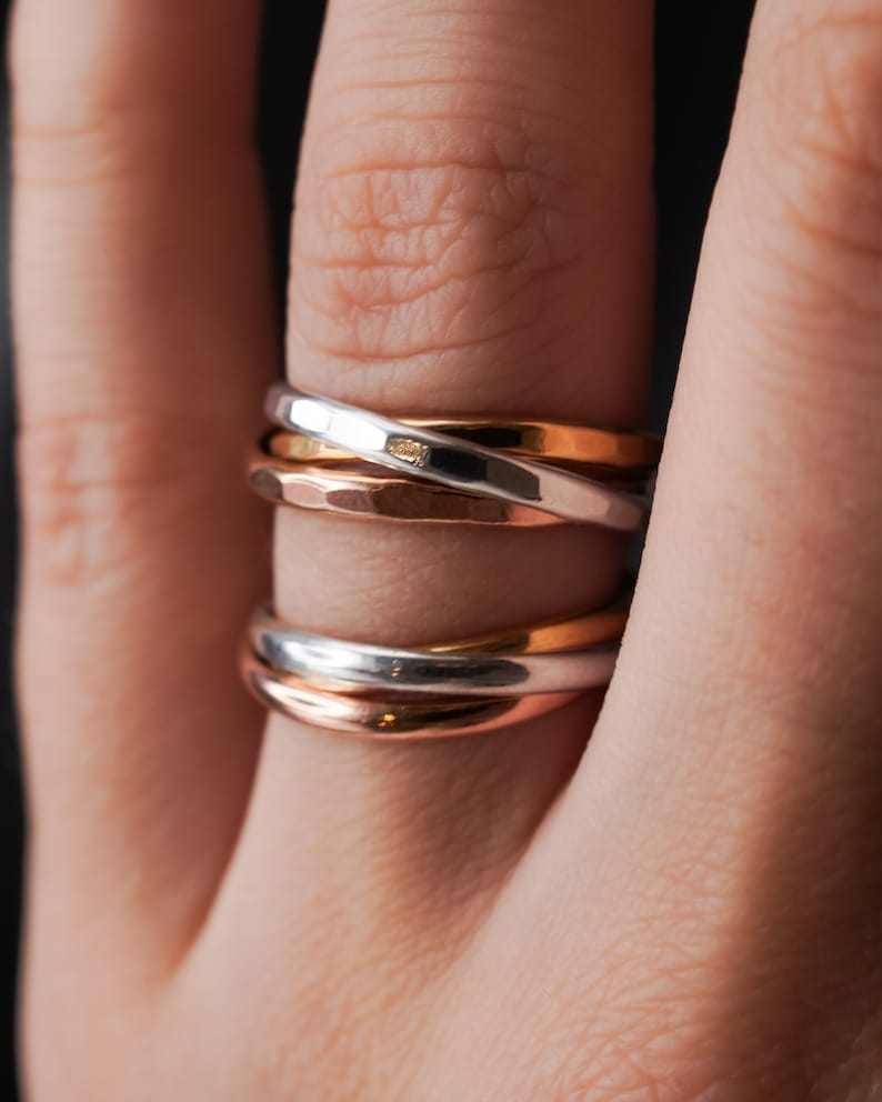 Thick Interlocking Set of 3 Rings in Silver, Gold Fill or Rose Gold Fill, interlocking, rolling ring, wrap, fidget, rolling ring, entwined Mixed Metals |Smooth