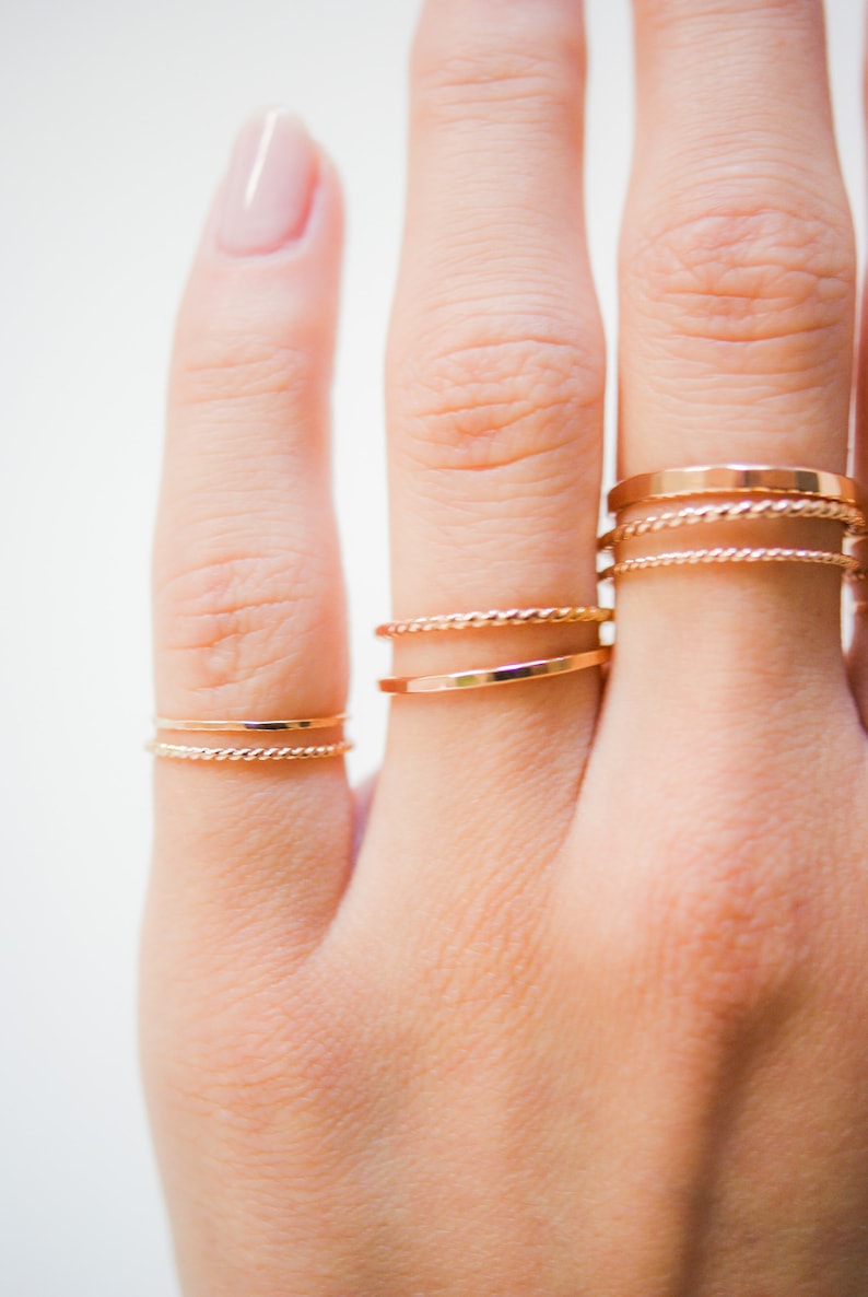 Dainty Rose Gold Stacking Ring Sets, Ultra Thin, Twist Rings, Stacked Sets, Styled, Minimalist Stacking rings, Gold-Filled, Unisex, Textured image 6