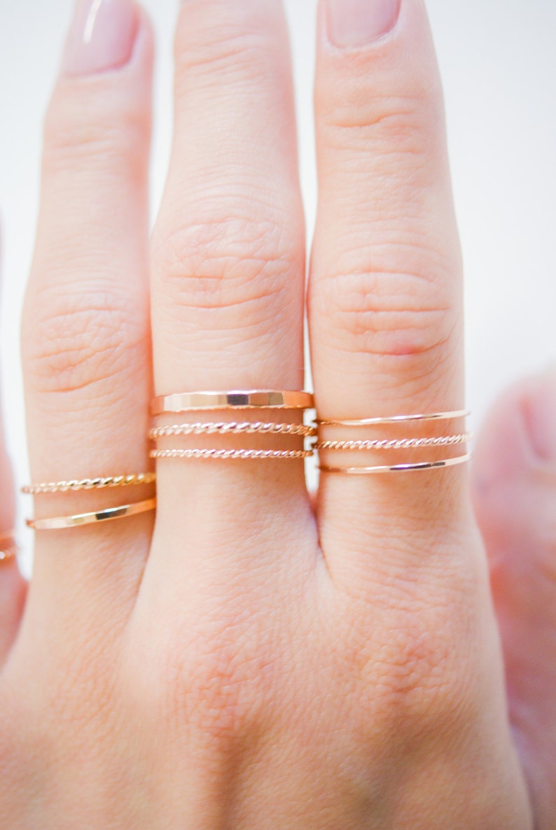 Dainty Rose Gold Stacking Ring Sets, Ultra Thin, Twist Rings, Stacked Sets, Styled, Minimalist Stacking rings, Gold-Filled, Unisex, Textured image 7