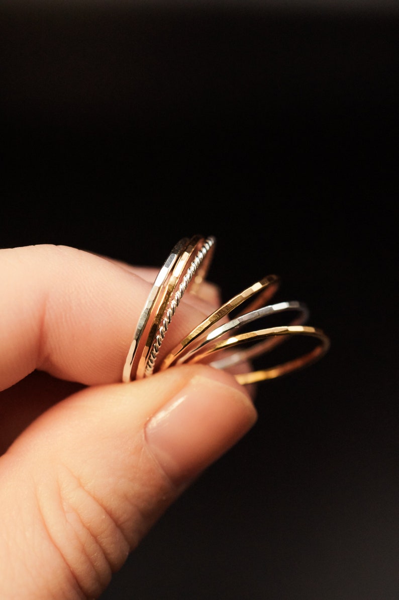 Mixed Metal Medium Thick Twist Set of 6 Stacking Rings Gold Fill Sterling Silver Textured pack of stackable rings starter set hammered image 3