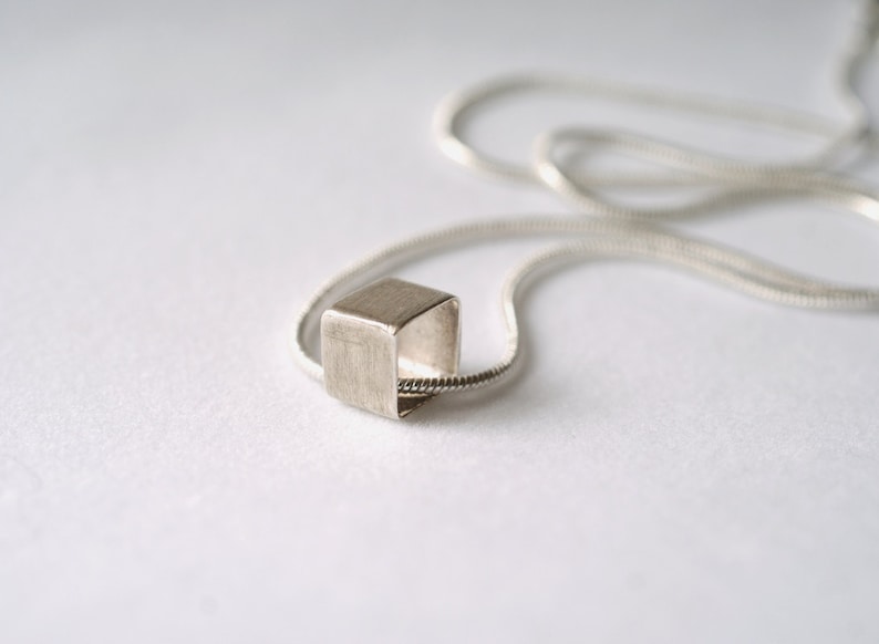 Tiny Square Bead necklace in Sterling Silver, minimalist necklace, silver square necklace, geometric necklace, modern silver necklace image 7