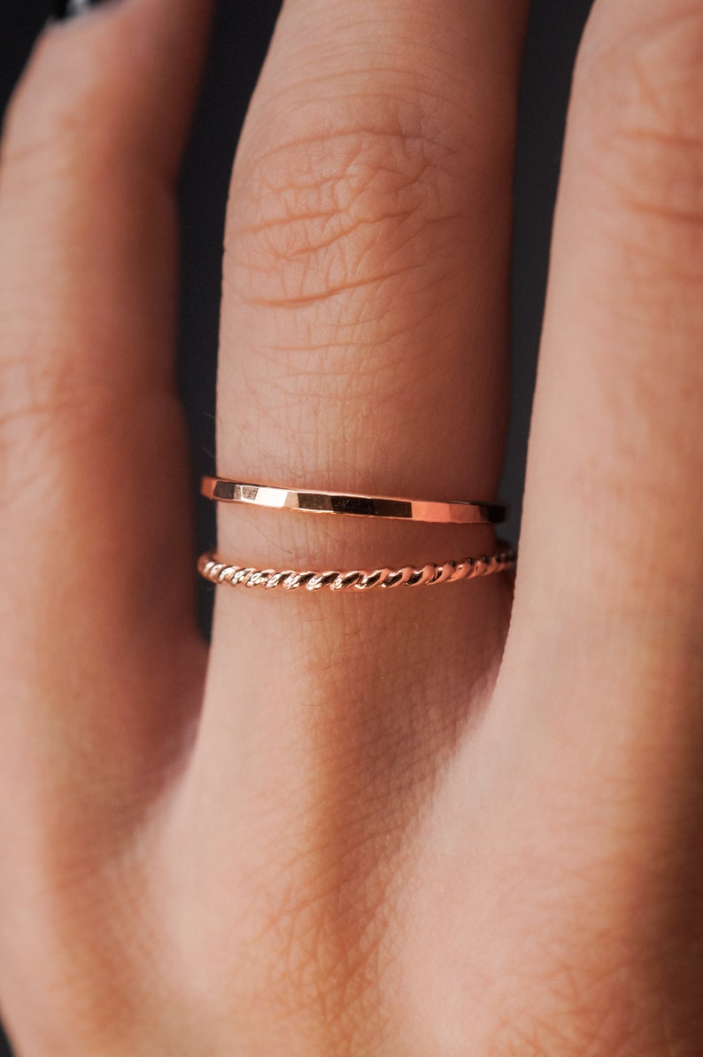 Thin Twist Stacking Set of 2 Rings in 14K Rose Gold fill, rose gold stack, stackable ring, rose gold ring set, delicate ring, set of 2 Thick