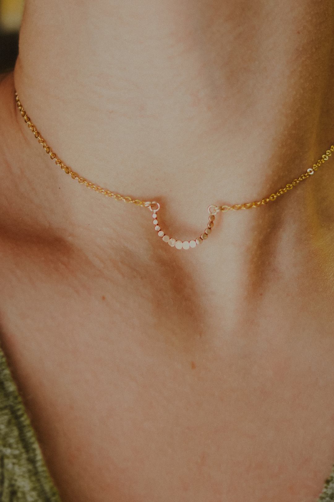 Small Bead Necklace in 14K Goldfill, Ushape Pendant, Circle, Organic