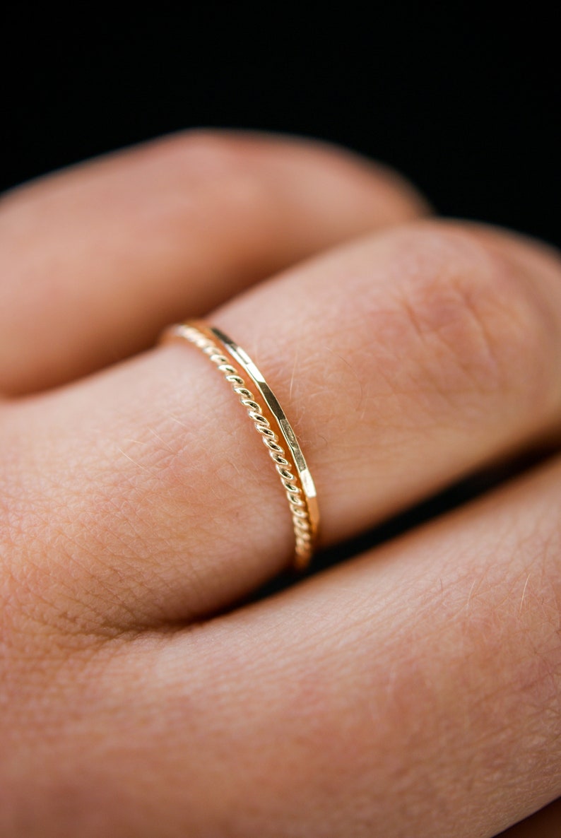 SOLID 14K Gold Twist stacking rings, gold stack ring, skinny gold stackable ring, 14k gold twist ring set, delicate gold ring, set of 2 image 2