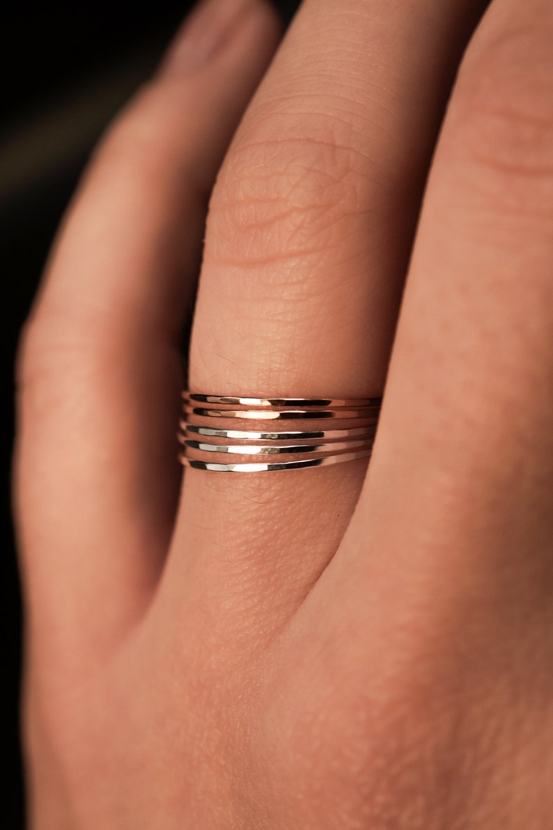 Mixed Metal Rose Gold and Silver Set of 5 Hammered Rings, Ultra Thin Stacking, Stackable, stack, minimalist ring, super thin, dainty, 0.7mm image 1