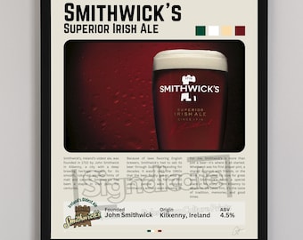 Lámina vintage de cerveza Smithwick's Ale: arte mural de cerveza irlandesa, decoración de pub y póster para bar.