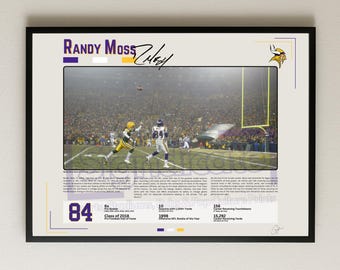 Póster de fútbol americano vintage de Randy Moss: arte mural de los Vikings, impresión histórica de la NFL, decoración con ilustraciones deportivas