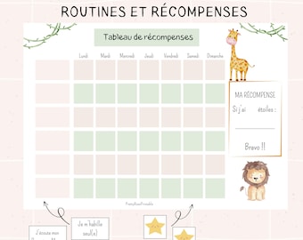 Gráfico de recompensas para crianças | Quadro de motivação Montessori para imprimir - tema animal da selva