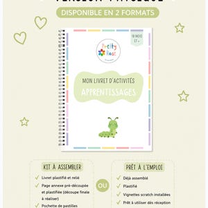 Könnte beinhalten: Ein spiralgebundenes Aktivitätsheft mit dem Titel MON LIVRET D'ACTIVITÉS APPRENTISSAGES und einer grünen Raupenillustration. Das Cover zeigt das Pretty Rose Logo, den Text 18 MOIS ET + und zwei physische Formate.