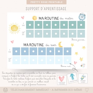 Può includere: Un grafico di routine giornaliera stampabile con il testo "MA ROUTINE du matin" e "MA ROUTINE du soir". Il grafico presenta illustrazioni di sole, luna, sveglia e stelle. Include icone per le attività e una sezione per gli adesivi.