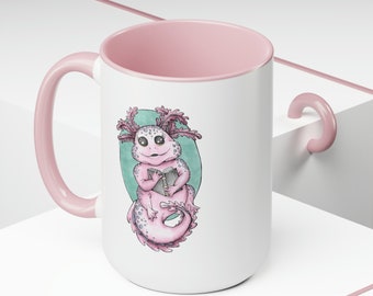 Axolotl 15 ounce ceramic mug, two tone pink Reading Gift Teacher Librarian Books pink sea life marine ocean bookish book haul