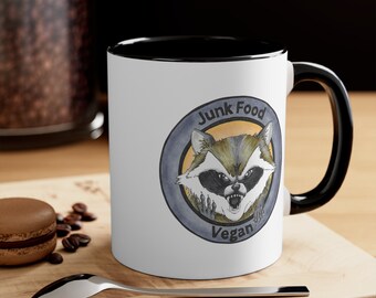 Raccoon Junk Food Vegan 11 ounce ceramic mug two-tone black and white Veganism Gift Chef