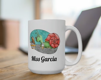 Personalized Reading Book Lover Snail Custom Name Ceramic Mug 15oz Teacher Librarian Professor Mother Mom Sister Office Gift Sea Life Books