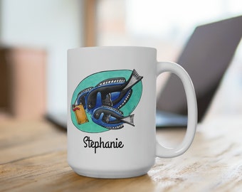 Personalized Reading Book Lover Blue Tang Fish Custom Name Ceramic Mug 15oz Teacher Librarian Mother Mom Sister Daughter Office Gift Books