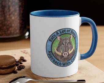 Warthog Vegan Beans Blue and White Accent Coffee Mug, 11oz Veganism Veggie Warthogs Animal Original Art Illustration Chef Gift