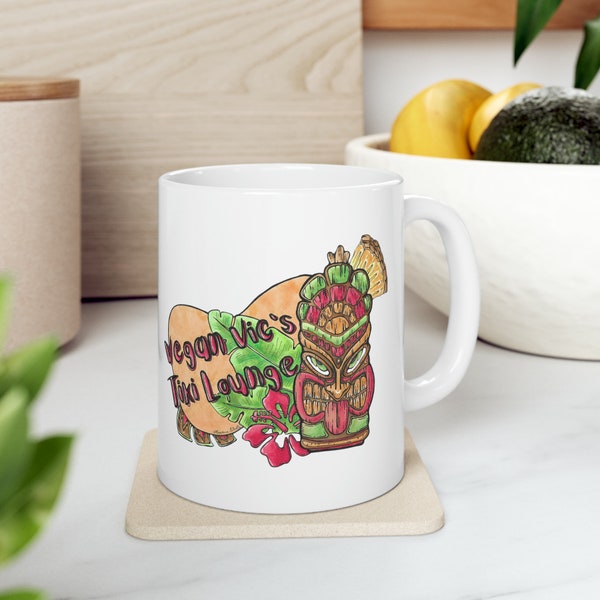 Vegan Vic's Tiki Lounge Ceramic Mug, 11oz Vegan restaurant coffee tea vegano plant based chef gift housewares dishes office original art