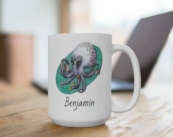 Custom Personalized Name Octopus Reading Book Books Ceramic Mug 15oz Gift Father Dad Mother Mom Teacher Tutor Librarian Customize Customized